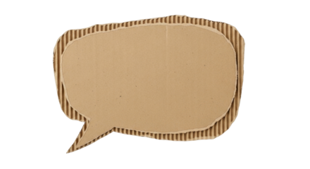 Speech bubble cutout made from brown recycled cardboard, rough torn edge texture, vintage paper style, isolated on transparent background PNG Clean