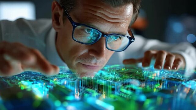 Visionary Architect's Gaze: A focused architect, framed by glasses, meticulously examines a detailed 3D blueprint model. Witness the birth of innovation and structural grandeur.