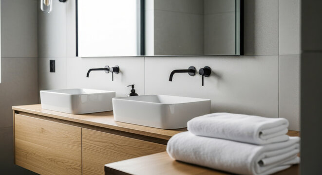 Modern bathroom with double sinks and clean white towels - Powered by Adobe