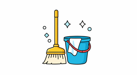 Flat illustration of a yellow broom and blue bucket with cleaning supplies on a white background