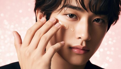 頬に美容液を塗る若い男性のクローズアップ