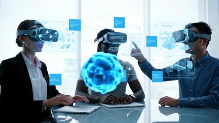 Woman, african american man and asian man interact with virtual reality headset for simulation technology footage - Powered by Adobe