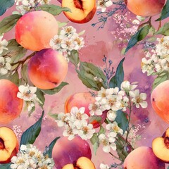 Peach Fruit In Springtime Watercolor Seamless pattern. Vibrant floral pattern featuring peaches and blossoms on a soft pink background.