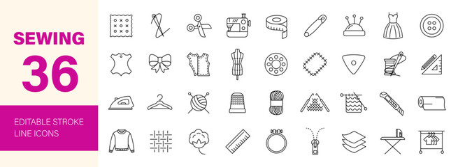 Sewing icon set. Editable line icons. Vector illustration.