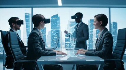 Business people, men and woman, using virtual reality headsets for metaverse meeting and cyber space presentation footage - Powered by Adobe
