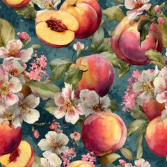 Peach Fruit In Springtime Watercolor Seamless pattern. Vibrant floral pattern featuring peaches and blossoms on a textured background.