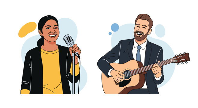Joyful businesswoman singing into vintage microphone while energetic man plays guitar during performance