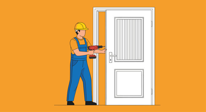 Skilled handyman expertly installs new door hardware with a power drill, showcasing renovation and home improvement services - Powered by Adobe