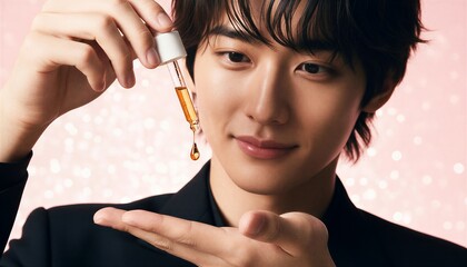 Obraz premium スポイトの美容液を手のひらに垂らす若い男性