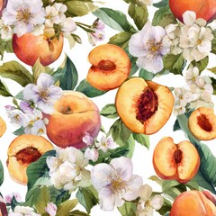 Peach Fruit In Springtime Watercolor Seamless pattern. Peach and flower pattern creating a vibrant, natural design.