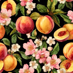 Peach Fruit In Springtime Watercolor Seamless pattern. Vibrant peach and floral pattern on a dark background, perfect for textiles or decor.