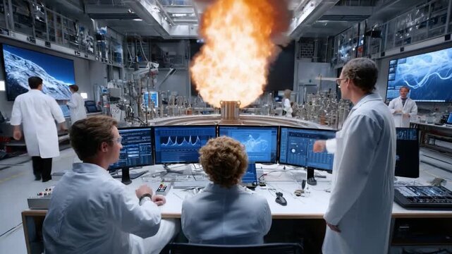 Scientific Breakthrough: Scientists and engineers collaborate, observing a dramatic explosion amidst sophisticated equipment, as digital displays provide data on this crucial scientific event.