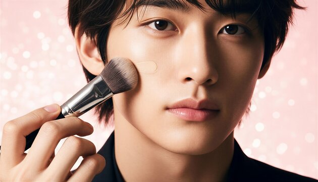 化粧ブラシで頬にファンデーションを塗る男性