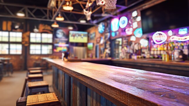 memorabilia. A cozy sports bar interior featuring an empty counter with football memorabilia under neon lighting. real-estate listings.