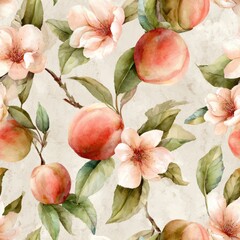 Peach Fruit In Springtime Watercolor Seamless pattern. Floral pattern featuring peaches and blossoms on a textured background.