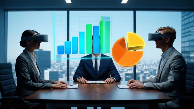 People in vr goggles interact with stock bar chart. Business meeting with virtual reality technology analysis footage. - Powered by Adobe
