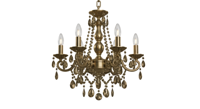 Ornate brass chandelier, with five candle-shaped bulbs and crystal droplets, cutout, PNG isolated on white or transparent background