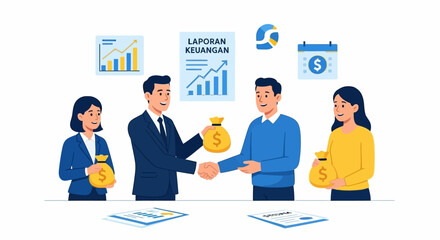 Obraz premium Illustration of business people shaking hands and exchanging money bags over a table with financial documents and graphs in the background.