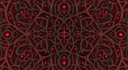 Intricate Red and Green Abstract Mandala Pattern with Glowing Orbs.