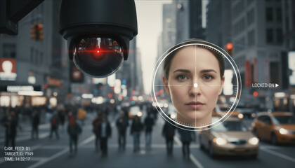 A surveillance camera focuses on an individual in a bustling city scene. Pedestrians walk by, with taxis passing in the background. The atmosphere is a typical afternoon urban setting