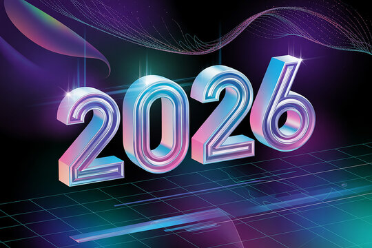 Futuristic 2026 numerals gleaming with iridescent chrome and vibrant neon lights against a dark, abstract digital backdrop, embodying progress and innovation