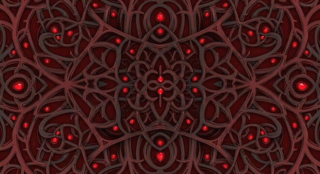 Intricate Red and Green Abstract Mandala Pattern with Glowing Orbs.