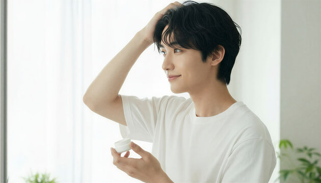 窓際でヘアワックスを手に髪を整える男性