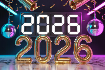 Shimmering golden 2026 numbers gleam with confetti and disco ball sparkle, celebrating New Year's Eve with vibrant party lights and a digital countdown clock.