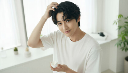 窓際でヘアワックスを手に取り髪を整える男性