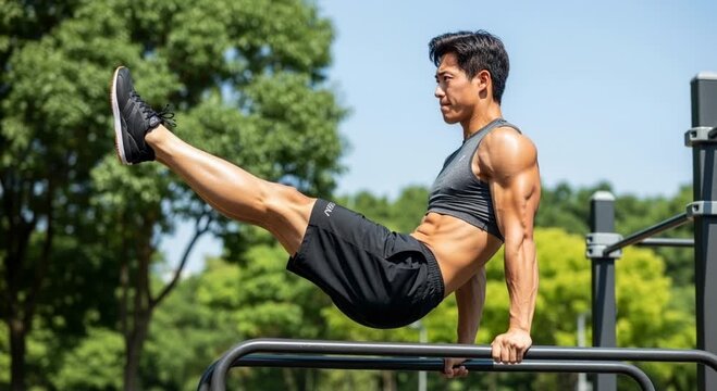 Asian Man Demonstrating L-Sit Exercise on Parallel Bars.