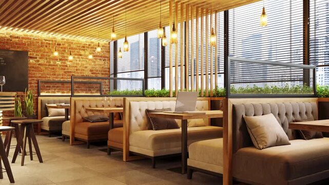 Modern cafe interior design with brick wall, loft style coffee shop