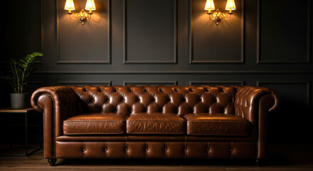 Luxurious brown leather chesterfield sofa in a dimly lit room