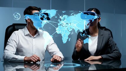 Man and woman wearing virtual reality headsets interacting with a global augmented reality map. Future business and technology footage. - Powered by Adobe