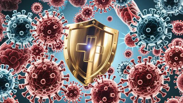 Golden shield with a medical cross deflecting red virus particles, symbolizing immune system strength, protection, health defense, and advanced biological immunity against infection and disease.