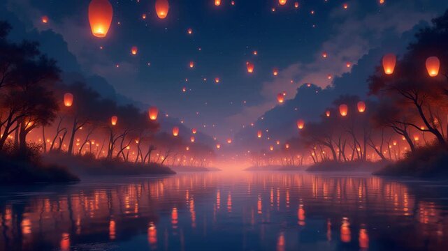 Red lanterns floating in night sky over tranquil lake with pagoda, surrounded by autumn trees and distant mountains reflecting warm glow, magical scene, concept of chinese new year travel tourism