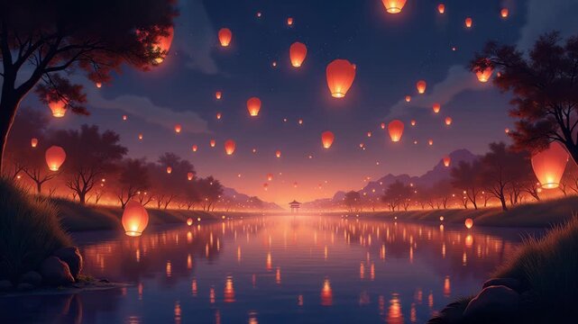 Red lanterns floating in night sky over tranquil lake with pagoda, surrounded by autumn trees and distant mountains reflecting warm glow, magical scene, concept of chinese new year travel tourism