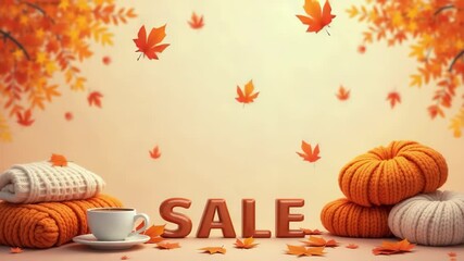 Autumn banner with knitted scarves, steaming hot chocolate with whipped cream beside, falling orange leaves on beige background - Powered by Adobe