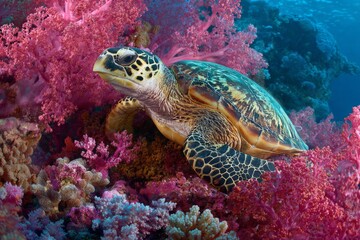 Fototapeta premium A sea turtle glides gracefully through crystal clear water. Surrounding it are bright corals in shades of pink and purple, creating a stunning underwater scene in a tropical paradise