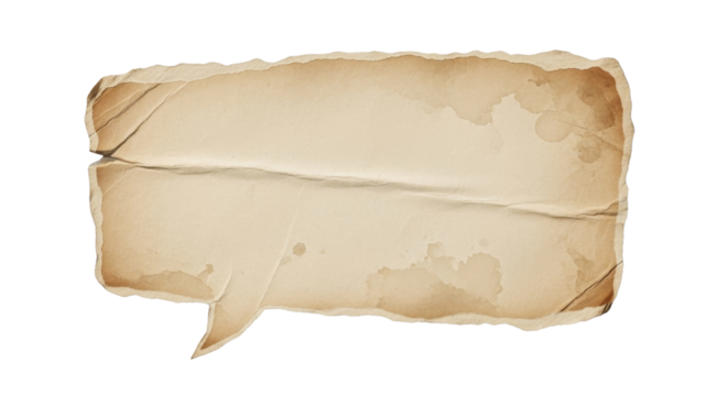 Speech bubble made of old torn beige paper, rough edges, vintage texture, isolated on transparent background, soft natural light, minimalist style PNG Clean
