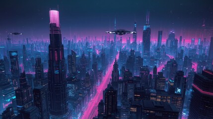 Experience the vibrant energy of a dynamic, futuristic city skyline at night