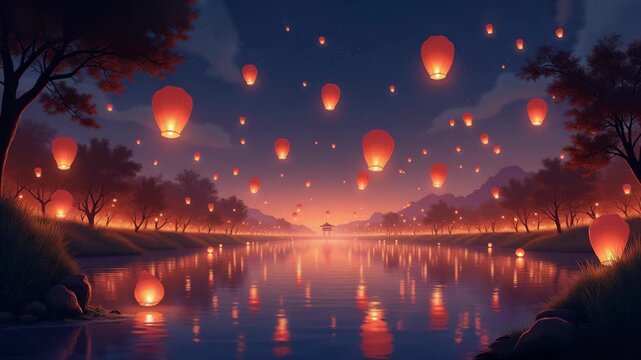 Red lanterns floating in night sky over tranquil lake with pagoda, surrounded by autumn trees and distant mountains reflecting warm glow, magical scene, concept of chinese new year travel tourism