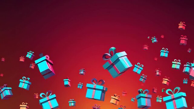Brightly colored gift boxes descend from above in a lively display against a warm red backdrop, creating a fun and celebratory atmosphere for any festive gathering