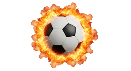 Soccer ball, classic black and white engulfed in vibrant orange flames, cutout, PNG isolated on white or transparent background