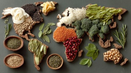 World map made with vegetables, seeds, herbs, grains, and placed on gray. It shows the globalization of food, international cuisine, or healthy eating.