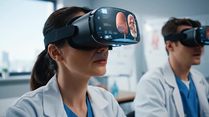 Woman medical student in virtual reality headset interacting with 3d human kidney anatomy for education in medical school classroom footage. - Powered by Adobe