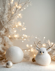 Minimalist White Christmas Still Life with Bokeh and Snow Creature Figurine.
