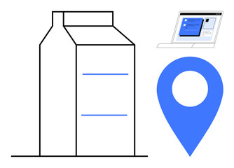 Minimalistic milk carton, blue geolocation pin, and laptop screen with user interface for delivery, grocery shopping, or e-commerce. Ideal for navigation, e-commerce, technology, delivery grocery