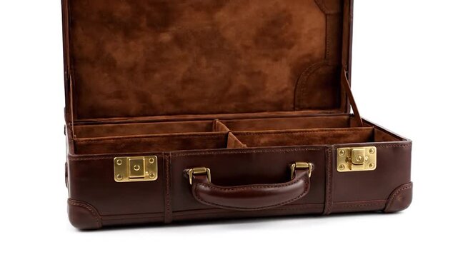 An open, brown leather briefcase with gold hardware and a soft interior