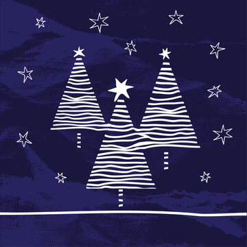 White Christmas trees and stars. Festive Christmas greeting card.  New Year background 