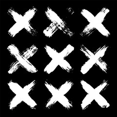 Obraz premium Grunge crosses, brush strokes, x mark, lines, ink smudges, hand-drawn scribble shapes. Handmade sketchy marks, acrylic stains, charcoal streaks. Paint textures, dry brush effect. Vector illustration